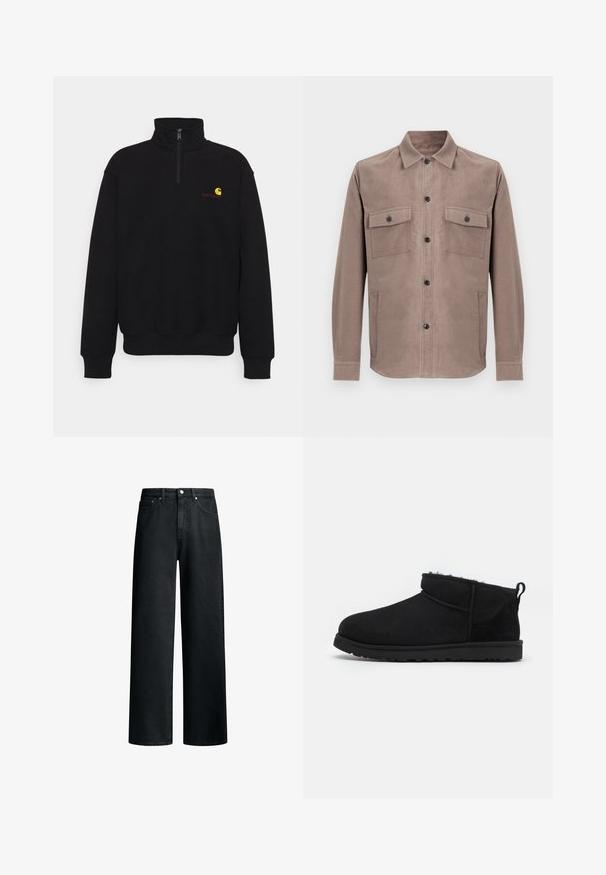 Zwarte fleecetrui met hoge kraag, halve rits, ribgebreide manchetten en tailleband. Bevat een klein geel en rood logo op de borst.; Bruine button-up shirt van zacht materiaal. Bevat twee voorzakken, een kraag en knoopsluitingen aan de voorkant.; Zwarte jeans met wijde pijpen van denimstof, voorzien van een hoge taille, een ontwerp met vijf zakken en metalen hardware. Gestructureerd oppervlak met subtiele vervaging.; Zwarte suède enkellaarsjes met een zachte, gestructureerde voering, een lage rubberen zool en een lus aan de achterkant voor gemakkelijk aantrekken.