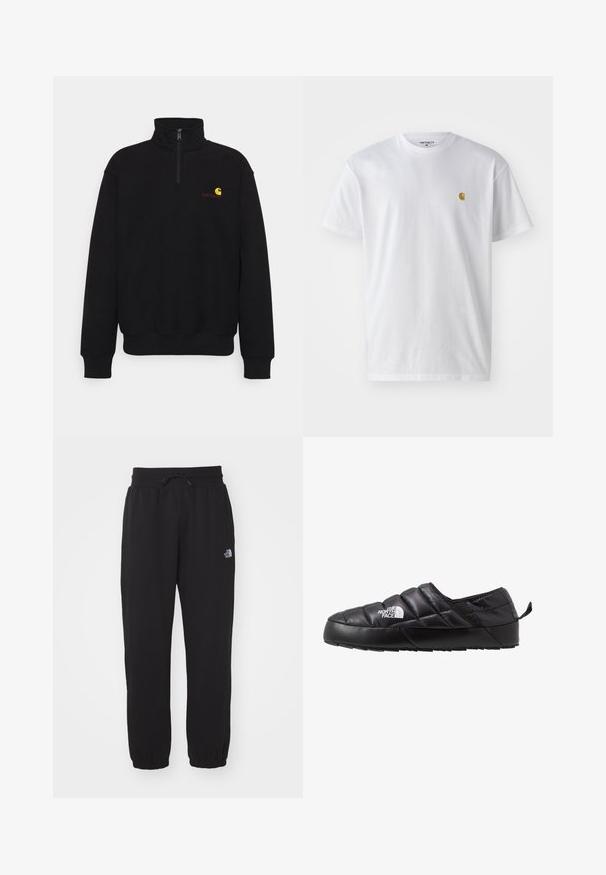 Schwarzer Fleece-Pullover mit hohem Kragen, halbem Reißverschluss, Rippbündchen und Rippbund. Mit einem kleinen gelben und roten Logo auf der Brust.; Weißes Baumwoll-T-Shirt mit kurzen Ärmeln, Rundhalsausschnitt, mit einem kleinen goldenen Logo im linken Brustbereich. Weicher Stoff und normale Passform.; Schwarze Jogginghose aus weichem Stoff, mit einem elastischen Bund und Kordelzug, Bündchen an den Knöcheln und einem kleinen Logo am Oberschenkel.; Schwarzer Slipper mit gestepptem Design, aus gepolstertem Material gefertigt. Verfügt über eine strukturierten Gummisohle und eine kleine Lasche hinten.