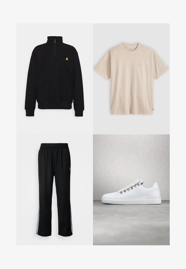 Schwarzer Fleece-Pullover mit hohem Kragen, halbem Reißverschluss, Rippbündchen und Rippbund. Mit einem kleinen gelben und roten Logo auf der Brust.; Beige T-Shirt mit kurzen Ärmeln und Rundhalsausschnitt, mit dezentem Levi’s-Logo auf der Brust und kleinem rotem Etikett an der Seitennaht.; Schwarze Sporthosen mit elastischem Bund, ausgestattet mit weißen Seitenstreifen und einem kleinen Logo. Das Material wirkt weich und leicht.; Weiße Leder-Sneaker mit glatter Textur, goldenen Metallösen, flachen weißen Schnüren und einer dicken weißen Sohle. Minimalistisches Design.