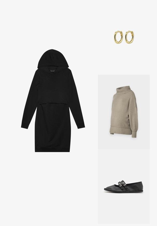 Lys grå striktrøje med en høj ribbet halsudskæring og ribbede manchetter. Løs pasform med en blød tekstur, der har sænket skuldersømme.; Sort pullover kjole med hætte, lange ærmer og cropped design. Fremstillet af blødt stof med en glat tekstur og ribbede manchetter.; Sorte læder balletflade sko med to justerbare stropper med metalspænder, rund tå og en syet gummisål.; Guld hoops øreringe med et glat, afrundet design og poleret finish. Hver ørering har en sikker lås og let krumning.