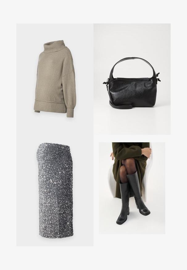Pull en tricot gris clair avec un col côtelé haut et des poignets côtelés. Coupe ample avec une texture douce, présentant des coutures d'épaule descendues.; Robe à sequins argentés avec une coupe ajustée, texture lisse et un motif dégradé du gris foncé au gris clair, courte à l'ourlet.; Bottes en cuir noires arrivant au genou, avec un bout carré et un talon carré, présentées sur un modèle assis dans un manteau vert olive. Texture lisse, détails minimaux.; Sac à main en cuir noir au design structuré, avec une poignée arrondie et une bandoulière amovible. Présente une texture lisse et un éclat subtil.