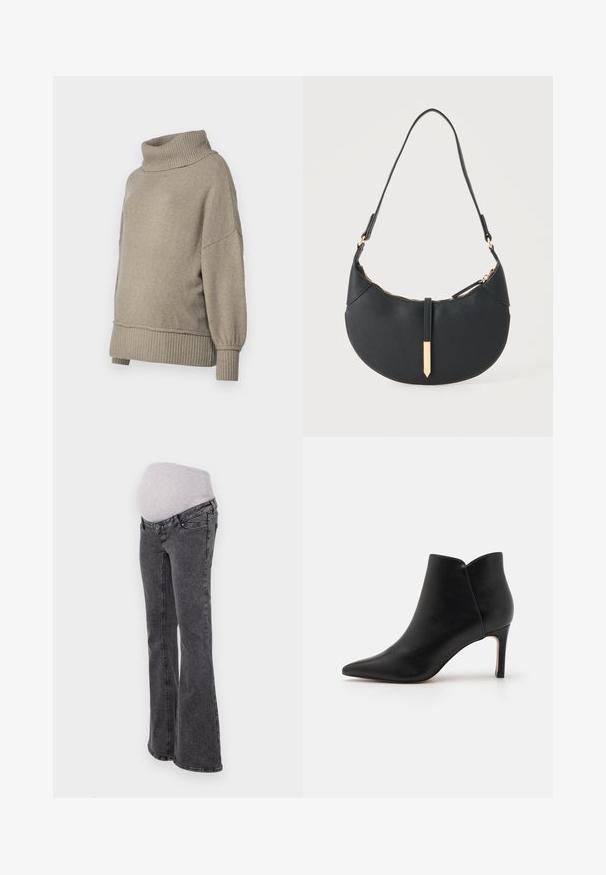 Pull en tricot gris clair avec un col côtelé haut et des poignets côtelés. Coupe ample avec une texture douce, présentant des coutures d'épaule descendues.; Jean de maternité avec une taille élastique grise ajustée, des jambes évasées et une finition en denim gris foncé, présentant des coutures standard et des poches.; Bottines en cuir noir avec un bout pointu, un design effilé et un talon aiguille, présentant une ouverture en forme de coquille unique au niveau de la cheville.; Sac à main noir en forme de croissant avec une bandoulière unique, une fermeture éclair dorée et une languette décorative rectangulaire dorée à l'avant.
