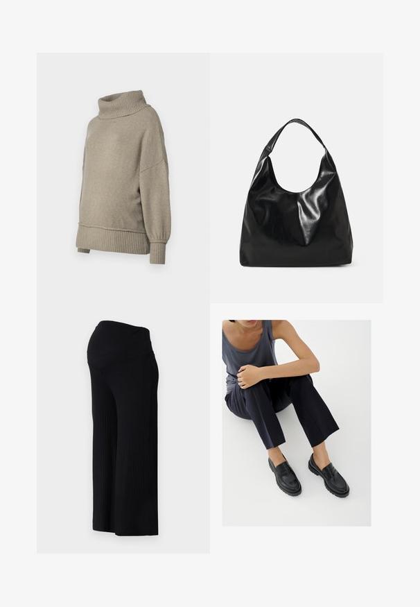 Lys grå striktrøje med en høj ribbet halsudskæring og ribbede manchetter. Løs pasform med en blød tekstur, der har sænket skuldersømme.; Sorte ribbede bredbenede bukser med høj talje. Stoffet er glat og strækbart, hvilket skaber en afslappet pasform hele vejen ned ad benene.; Sorte læderloafers med teksturerede detaljer, lav hæl, rund tå og synlige syninger. Modellen bærer mørke bukser og en grå top.; Sort læder hobo taske med en blød, skinnende tekstur og en rund, åben top. Har en bred, buet strop til bæring. Ingen synlig hardware.