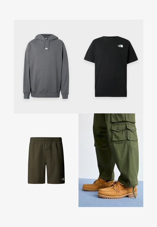 Sudadera con capucha gris hecha de tela suave, con bolsillo canguro, capucha con cordón, puños acanalados y un pequeño logo en el pecho.; Camiseta de algodón negra con mangas cortas, cuello redondo y logotipo blanco en el pecho izquierdo. Diseño simple, sin adornos.; Pantalones cortos de carga verde olivo con cintura elástica y cordón, con un pequeño logo en el lado inferior derecho. Tela suave y ligera.; Timberland AUTHENTIC 3 EYE - Náuticos - wheat