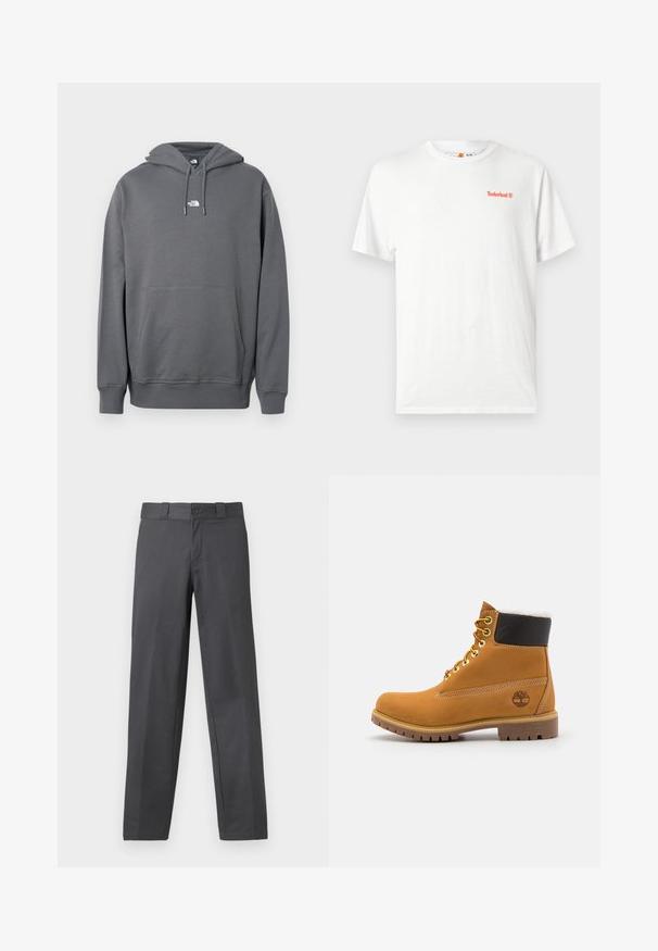 Hoodie gris en tissu doux, avec une poche kangourou, une capuche à cordon, des poignets côtelés et un petit logo sur la poitrine.; T-shirt blanc à manches courtes avec col rond, petit logo Timberland orange sur la poitrine gauche, présenté sur un fond clair uni.; Pantalon gris en tissu lisse, avec une coupe droite, une fermeture à bouton et des passants de ceinture ; coutures minimales et sans motifs.; Bottine en cuir brun avec œillets en métal, doublure en fourrure blanche, col rembourré noir, semelle robuste et logo en relief sur le côté.