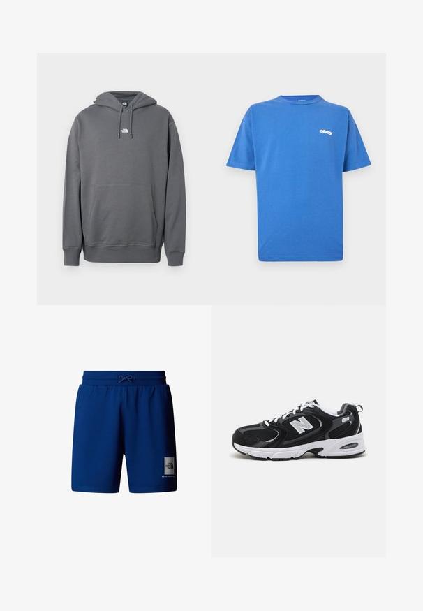 Sudadera con capucha gris hecha de tela suave, con bolsillo canguro, capucha con cordón, puños acanalados y un pequeño logo en el pecho.; Camiseta azul de algodón con cuello redondo y mangas cortas. Presenta un logo blanco "obey" en el área del pecho izquierdo. Diseño sencillo, sin patrones.; Pantalones cortos de algodón azul con cintura elástica y cordón. Cuenta con un parche de logo en la pierna izquierda. Textura suave, diseño hasta la rodilla.; Zapatillas deportivas en negro y gris con parte superior de malla y ante, que cuentan con una entresuela blanca, cordones y un llamativo logo "N" en el lateral.