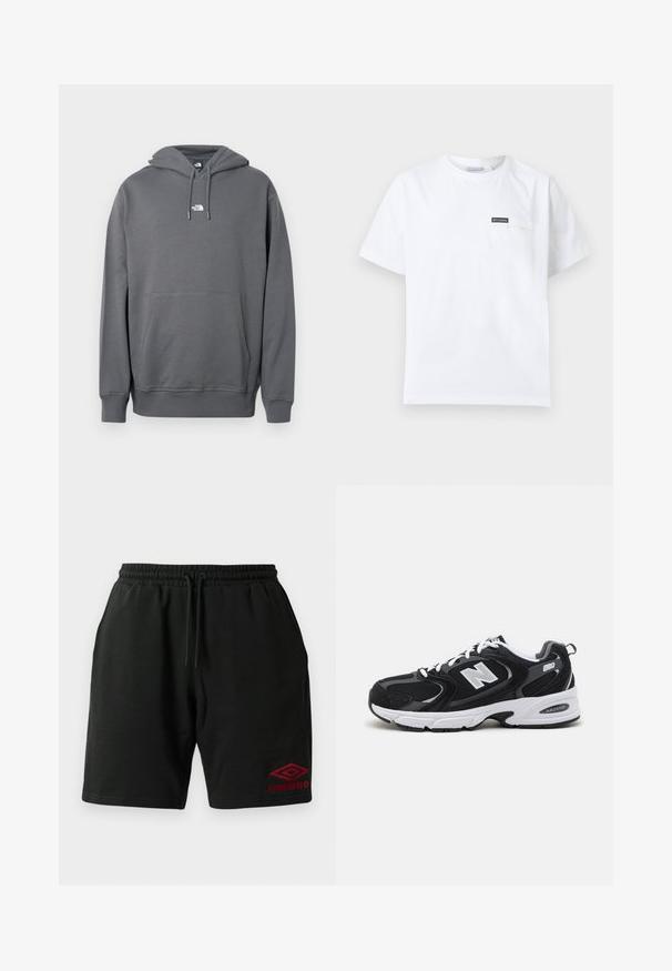 Hoodie gris en tissu doux, avec une poche kangourou, une capuche à cordon, des poignets côtelés et un petit logo sur la poitrine.; T-shirt blanc à manches courtes et col rond avec petite poche poitrine ornée d'un écusson logo Columbia noir.; Shorts noirs à cordon de serrage avec poches latérales et logo Umbro rouge brodé sur la cuisse gauche.; Baskets de sport noires et grises avec un tige en mesh et en suède, présentant une semelle intermédiaire blanche, des lacets et un logo "N" audacieux sur le côté.