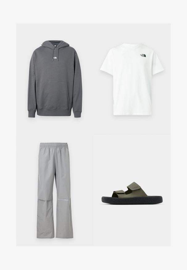 Grauer Hoodie aus weichem Stoff, mit Kängurutasche, Kapuze mit Kordelzug, gerippten Bündchen und einem kleinen Logo auf der Brust.; Weißes Baumwoll-T-Shirt mit kurzen Ärmeln und Rundhalsausschnitt, mit kleinem schwarzem The North Face-Logo auf der linken Brust.; Hellgraue wasserdichte Regenhose mit elastischem Bund und reflektierendem Streifen am rechten Bein, für den Außeneinsatz konzipiert.; Grüne Gummisandalen mit zwei verstellbaren Riemen und einer strukturierten schwarzen Sohle mit einem Profilmuster. Markenlogo auf dem Riemen sichtbar.
