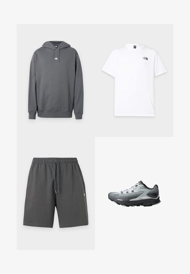 Grijze hoodie gemaakt van zachte stof, met een kangoeroezak, capuchon met trekkoord, geribbelde boorden en een klein logo op de borst.; Wit T-shirt met korte mouwen, ronde hals en klein zwart The North Face-logo op de bovenste linkerborst.; Grijze korte broek van zachte stof met een elastische tailleband en verstelbare trekkoord. Heeft een eenvoudig ontwerp zonder zakken of patronen.; Trailrun schoenen met een grijs en zwart kleurenschema, bovenwerk van gaas, stevige zool en gestructureerde accenten voor grip.