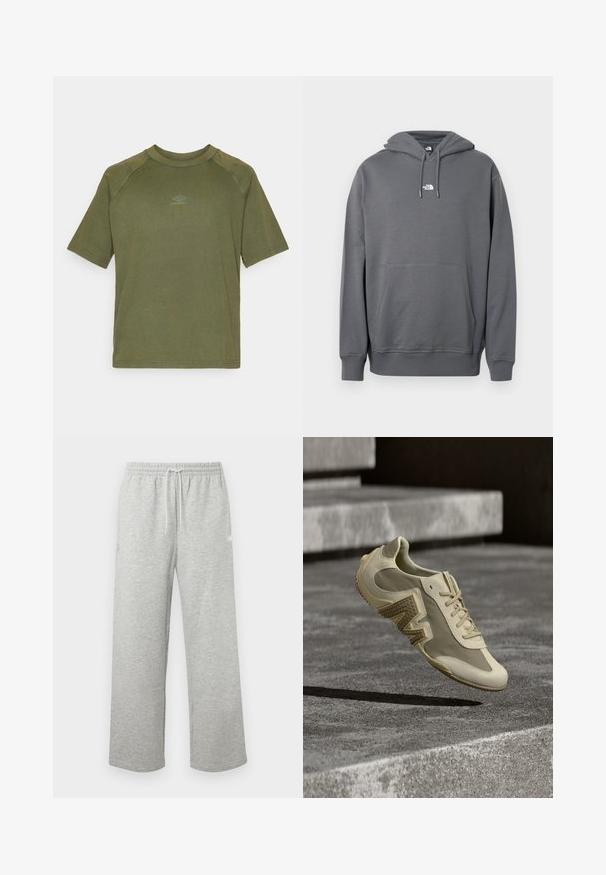 Sudadera con capucha gris hecha de tela suave, con bolsillo canguro, capucha con cordón, puños acanalados y un pequeño logo en el pecho.; Camiseta de algodón de color verde oliva y manga corta, con cuello redondo y un pequeño logo gris en el centro del pecho. Textura suave.; Pantalones deportivos gris claro con cordón, cintura elástica y piernas sueltas y rectas, mostrados sobre un fondo liso.; Zapatilla deportiva beige con panel lateral texturizado, cordones y punta redondeada, suspendida sobre una superficie de concreto con sombras contrastantes.