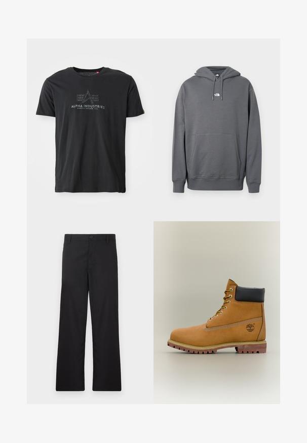 Hoodie gris en tissu doux, avec une poche kangourou, une capuche à cordon, des poignets côtelés et un petit logo sur la poitrine.; T-shirt noir en coton à col rond présentant un imprimé logo texturé avec les mots "ALPHA INDUSTRIES" et un design triangulaire au centre.; Pantalon noir à coupe droite, fabriqué en tissu lisse. Doté d'une fermeture à boutons sur le devant et sans motifs ni accents visibles.; Bottine en cuir marron avec col noir, lacets jaunes et semelle beige. Présente un logo et des détails de couture blanche. Semelle extérieure à traction robuste.