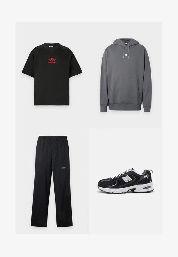 Grå hættetrøje lavet af blødt stof, med kængurulomme, snøre i hætten, ribbekanter ved ærmerne og en lille logo på brystet.; Sort kortærmet crewneck skjorte med rødt Umbro logo centreret på brystet mod en ensfarvet hvid baggrund.; Sorte letvægts udendørsbukser med elastisk talje, knap foran, to forlommer og lille Columbia-logo på højre lår.; Sorte og grå sportssko med mesh og ruskind på overdelen, der har en hvid mellemsål, snørebånd og et iøjnefaldende "N" logo på siden.