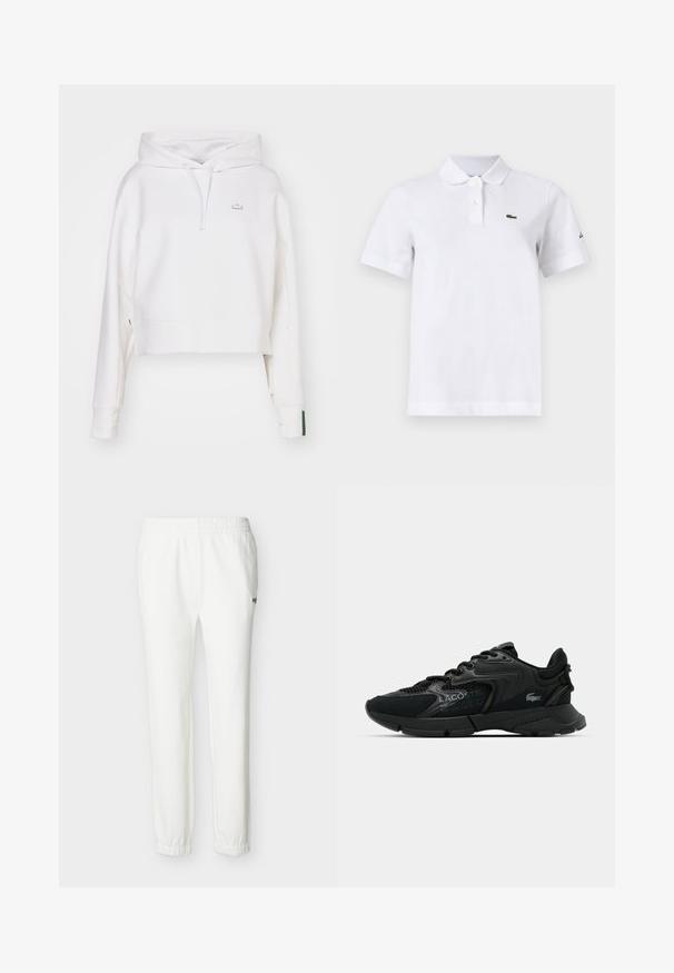 Witte cropped hoodie van een katoenmix, met een trekkoordcapuchon, geribbelde manchetten en een klein geborduurd logo op de borst.; Witte polo met korte mouwen, twee knopen, een klein groen krokodillenlogo op de linkerborst en een subtiel zwart logo op de linkermouw.; Witte casual joggerbroek met elastische tailleband en manchetten, met een klein geborduurd logo op de bovenste dij.; Zwarte sportieve sneaker van mesh en synthetische materialen, met textuuraccenten, vetersluiting en een opvallend logo op de zijkant.
