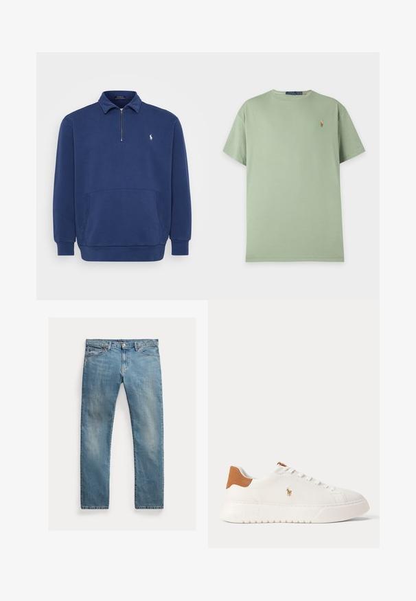 Marineblauwe quarter-zip pullover van katoenmix. Beschikt over een voorzak en een klein geborduurd logo op de borst. Zachte textuur.; Lichtgroen T-shirt met korte mouwen en ronde hals met klein geborduurd Polo Ralph Lauren-logo op de linkerborst.; Lichtblauwe denim jeans met een rechte pasvorm, knoopsluiting, vijf zakken, subtiele vervaging en stikselaccenten.; Witte lage sneaker met beige hieltab, witte veters en klein geborduurd polo spelerlogo aan de zijkant boven een dikke zool.
