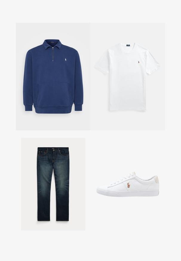 Marineblaues Quarter-Zip-Pullover aus Baumwollmischung. Verfügt über eine Fronttasche und ein kleines gesticktes Logo auf der Brust. Weicher Stoff.; Weißes Baumwoll-T-Shirt mit Rundhalsausschnitt und kurzen Ärmeln, versehen mit einem kleinen, farbenfrohen Sticklogo auf der linken Brust. Glatte Textur, klassischer Schnitt.; Dunkelblaue Jeans aus Denim mit geradem Bein, dezentem Ausbleichen in Kniehöhe und orangen Ziernähten an Taschen und Nähten.; Weiße Leinensneaker im Low-Top-Design mit einem beigen Ferseneinsatz und einem kleinen gestickten Logo an der Seite. Gummisohle.