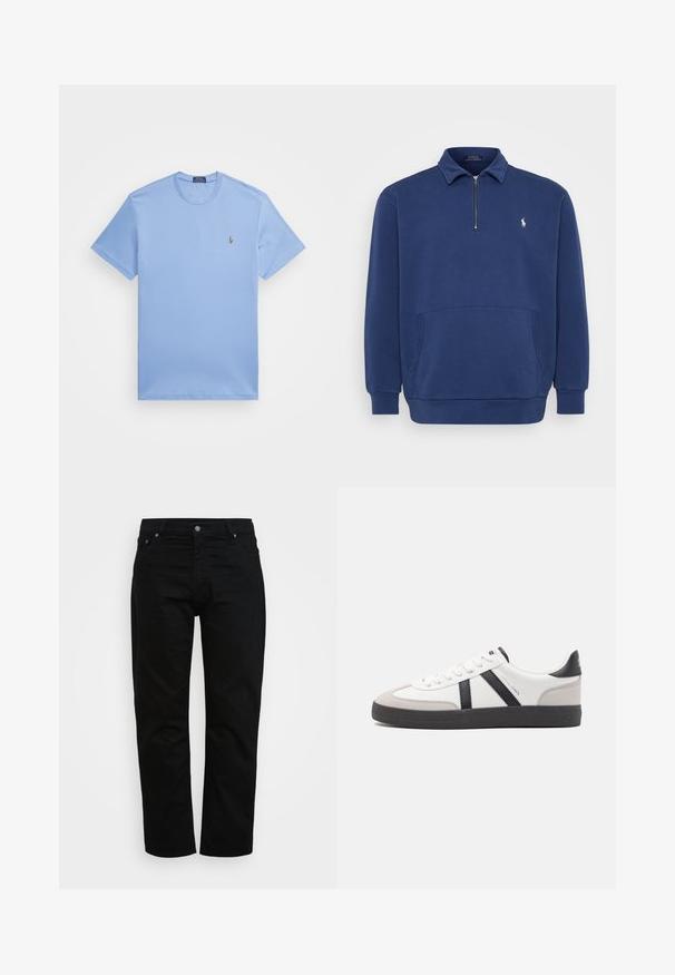 Marineblaues Quarter-Zip-Pullover aus Baumwollmischung. Verfügt über eine Fronttasche und ein kleines gesticktes Logo auf der Brust. Weicher Stoff.; Hellblaues T-Shirt mit kurzen Ärmeln aus einem Baumwollmischgewebe. Es hat einen Rundhalsausschnitt und ein kleines gesticktes Logo auf der linken Brust.; Schwarze Jeans aus Baumwolle, mit klassischem Schnitt, Fünf-Taschen-Design und Metallknopfverschluss. Glatte Textur mit geradem Bein.; Weiße Sneaker mit schwarz- und grau-aczenten, ausgestattet mit einer strukturierten grauen Zehenkappe, schwarzer Gummi-Sohle und flachen weißen Schnürsenkeln. Sauberes Design, minimalistische Stil.