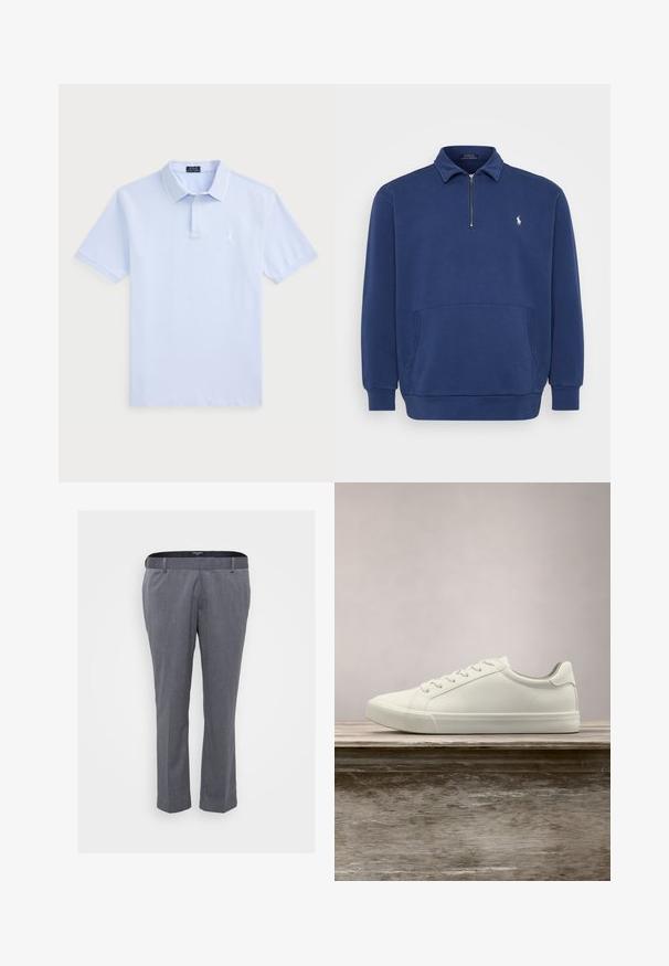 Marineblå quarter-zip pullover lavet af bomuldsblanding. Har en frontlomme og et lille broderet logo på brystet. Blød tekstur.; Lyseblå bomulds polo T-shirt med korte ærmer, klassisk krave, hvide detaljer og et lille logo på venstre bryst.; Grå skrædderbukser med lige ben-design, lavet af tekstureret stof. Har bæltestropper og lynlåslukning.; Hvide snørresneakers svævende over en træbænk med grønne planter i baggrunden, der fremhæver skodesign og tekstur.