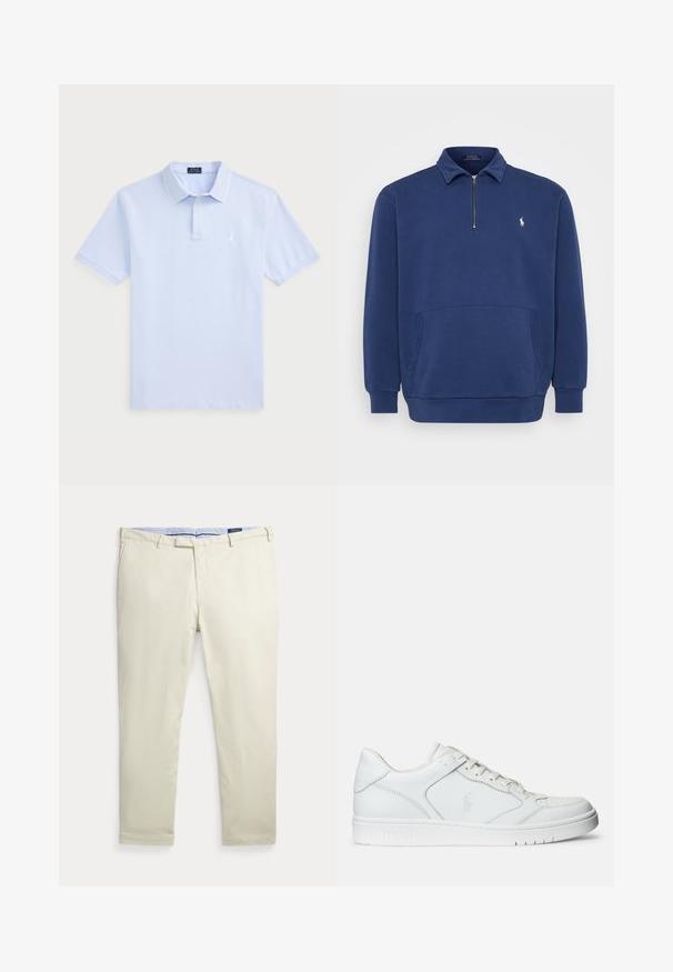 Marineblaues Quarter-Zip-Pullover aus Baumwollmischung. Verfügt über eine Fronttasche und ein kleines gesticktes Logo auf der Brust. Weicher Stoff.; Hellblaues Baumwoll-Polohemd mit kurzen Ärmeln, klassischem Kragen, weißen Akzenten und einem kleinen Logo auf der linken Brust.; Beige Herrenhose mit geradem Bein, Gürtelschlaufen und Vordertaschen, flach auf weißem Hintergrund liegend.; Weißer Ledersneaker mit glatter Textur, ausgestattet mit einer perforierten Zehenpartie, Schnürverschluss und gesticktem Logo an der Seite. Weiße Gummisohle.