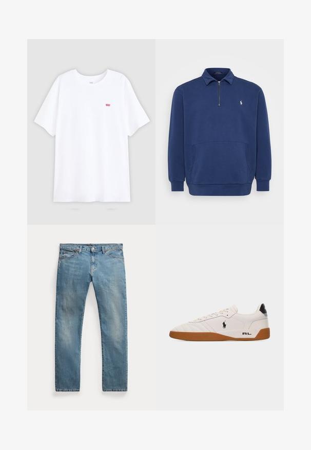 Sudadera de media cremallera en azul marino, confeccionada con una mezcla de algodón. Cuenta con un bolsillo frontal y un pequeño logo bordado en el pecho. Textura suave.; Camiseta blanca de algodón con mangas cortas y cuello redondo. Presenta un pequeño logo rojo de Levi's en el lado izquierdo del pecho. Diseño plano, sin patrones.; Vaqueros de mezclilla azul claro de corte recto con bolsillos delanteros, trabillas para cinturón, cierre de botón y detalles ligeramente descoloridos.; Zapatilla blanca de estilo bajo con suela de goma marrón, logo negro de Polo Ralph Lauren en el lateral y texto "RL" en la parte del talón.