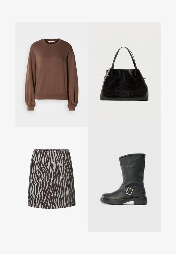 Brun pullover sweatshirt i blødt materiale, med rund halsudskæring, lange ballonærmer og ribbet kant. Glat tekstur med minimal dekoration.; Mini nederdel med sort og grå zebra mønster, lige snit og en skjult lynlås bagpå.; Sorte ankelstøvler i læder med tekstureret finish, der har en sidebøjle og en kraftig, tekstureret sål for stabilitet.; Sort skuldertaske med krokodillemønster, to lange håndtag, en struktureret form og en glat, blank tekstur. Har lynlås og minimal hardware.