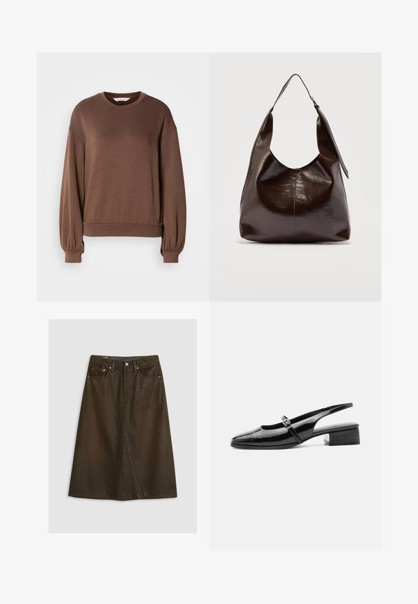 Brun pullover sweatshirt i blødt materiale, med rund halsudskæring, lange ballonærmer og ribbet kant. Glat tekstur med minimal dekoration.; Brun denim A-formet nederdel med høj talje, frontslids, kobbernitter og tonede syninger. Glat tekstur, knælængde design.; Sort laklæderslingback-sko med lav blokhæl og tynd rem med sølvspænde over toppen.; Mørkebrunt, skinnende læder skuldertaske med en enkelt bred rem og spændedetalje på den ene side, sat mod en ensartet lys baggrund.