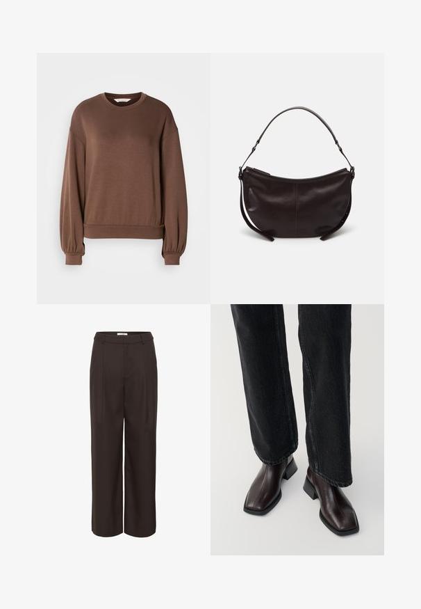 Sweat à col rond de couleur marron en matériau doux, avec des manches ballon longues et un ourlet côtelé. Texture lisse avec un minimum de détails.; Pantalons à jambes larges marron en tissu lisse. Dotés d'une taille haute, de plis avant et de poches latérales pour plus de fonctionnalité.; Bottines en cuir marron avec un orteil carré et un talon carré, associées à un jeans noir à jambes larges. Texture lisse et design minimaliste.; Sac à épaule en cuir marron foncé avec une forme courbe, texture lisse et une seule sangle réglable. Doté d'une fermeture éclair.
