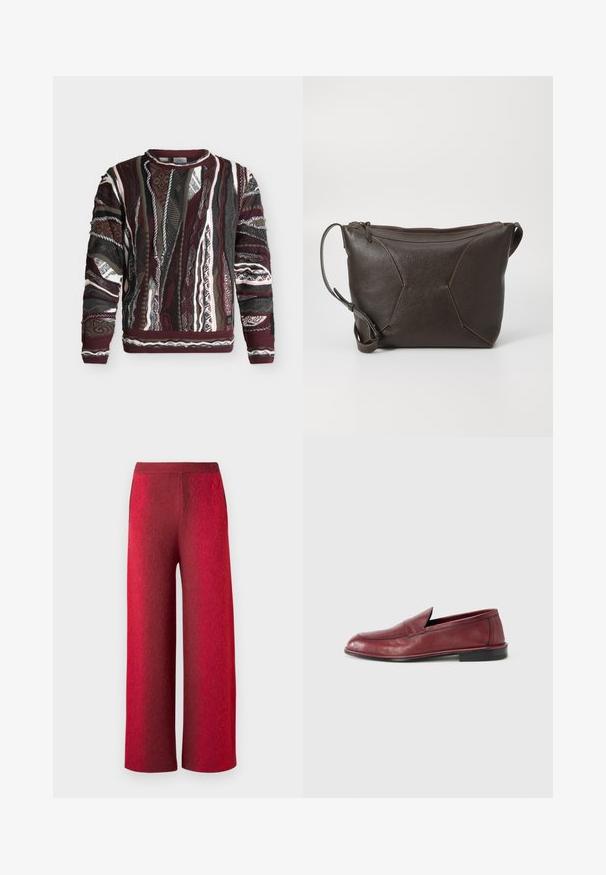 Pull en maille à manches longues avec des motifs verticaux multicolores bordeaux, noir, blanc et gris, avec des détails texturés et côtelés.; Pantalons larges rouges en tissu texturé avec une taille haute. Comprend des poches latérales et une finition lisse, mettant en valeur un effet dégradé.; Mocassins en cuir bordeaux à la texture lisse, profil bas et détails cousus sur le dessus. Semelle plate noire. Design épuré.; Sac en cuir brun avec une finition texturée, doté d'une fermeture éclair et de coutures décoratives. Comprend une courte poignée pour le transport.