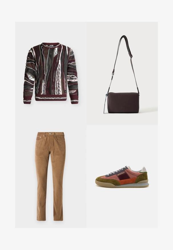 Gebreide trui met lange mouwen met meerkleurige verticale patronen in bordeaux, zwart, wit en grijs, met gestructureerde en geribde details.; Bruine corduroy broek met een slim fit, voorzien van vijf zakken, een knoopsluiting en gestikte details langs de naden.; PS Paul Smith DOVER - Sneakers laag - pink; Donkerbruine gestructureerde leren crossbodytas met verstelbare riem en klein decoratief blauw accent aan de zijkant.