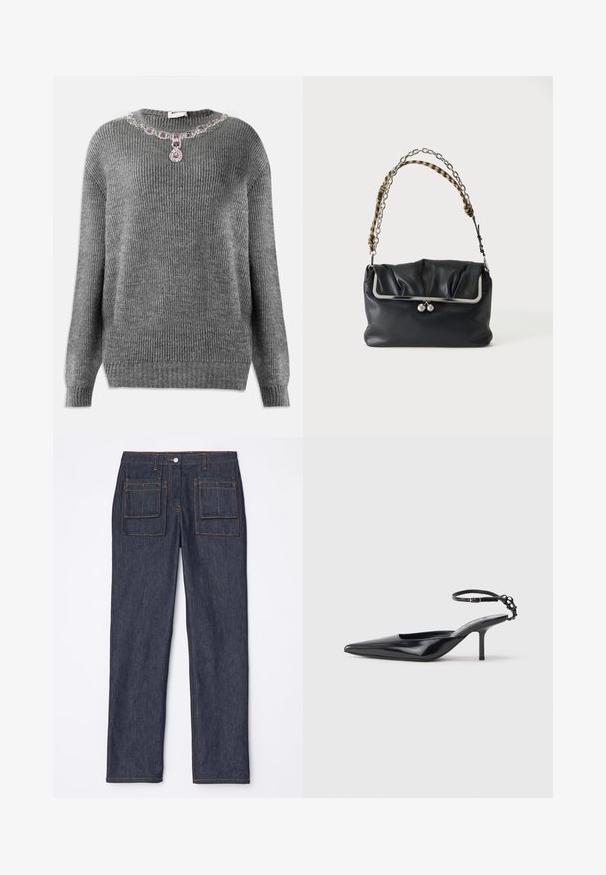 Grå strikket sweater med ribbet struktur, rund halsudskæring og pyntet med juvelaccent ved kraven, der har lilla og klare sten.; Mørkeblå denimjeans med lige ben-design, der har to baglommer og kontrasterende orange syninger.; Sorte læder slingback sko med spids tå, en slank hæl og ankelrem, der har et dekorativt kædedesign. Glat overflade.; Sort læderhåndtaske med en sølv metalramme og to sølv kuglelåse, med en kæde og en skulderrem i stof med mønster.