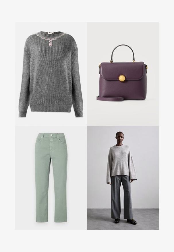 Pull en tricot gris avec texture côtelée, décolleté rond et accent bijou orné au col avec des pierres violettes et transparentes.; Pantalons en coton vert clair avec une coupe droite, dotés de poches avant, d'une fermeture à bouton et de détails de couture subtils.; Pull en maille gris avec des manches larges et un ourlet côtelé, assorti à un pantalon gris taille haute avec un motif à carreaux discret et des mocassins noirs.; Sac à main en cuir violet avec poignée supérieure, fermeture à rabat, fermoir circulaire doré et bandoulière amovible sur fond uni.