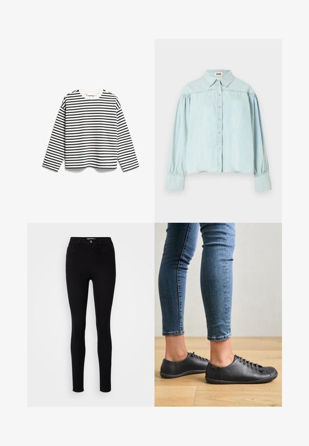 Zwart-wit gestreepte lange mouw t-shirt met een ronde hals, gemaakt van een zachte katoenmix, met gelijkmatig brede horizontale strepen.; Lichtblauw denim shirt met een knoopsluiting aan de voorkant, een brede kraag en opgeblazende lange mouwen. De stof lijkt zacht met een lichte glans.; Zwarte high-waisted skinny jeans van denim. Voorzien van vijf zakken en een metalen knoopsluiting aan de voorkant. Gladde textuur met een aansluitend ontwerp.; Zwarte leren schoenen met een ronde neus, lage profiel en vetersluiting. Gecombineerd met blauwe, aansluitende jeans en een houten vloer als achtergrond.