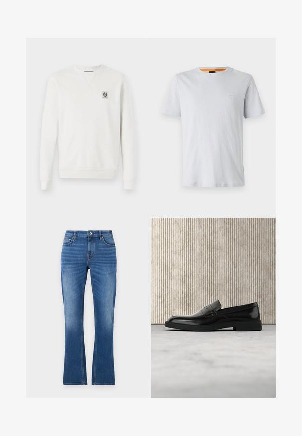 Witte sweatshirt, katoenen stof, ronde halslijn, ribgebreide manchetten en zoom, voorzien van een klein logo op de borst, minimalistisch ontwerp.; Lichtgrijs t-shirt met korte mouwen van katoen, voorzien van een klein logopatch op de borst en een contrasterende oranje accent op de halslijn.; Jeans met uitlopende pijpen in medium blauw. Heeft een vijfzakkenontwerp, stikselaccenten, een knoopsluiting en een licht vervaagde textuur op de benen.; Zwarte gepolijste leren loafer die boven een beige tapijt zweeft met oranje doorschijnend meubilair op de achtergrond.