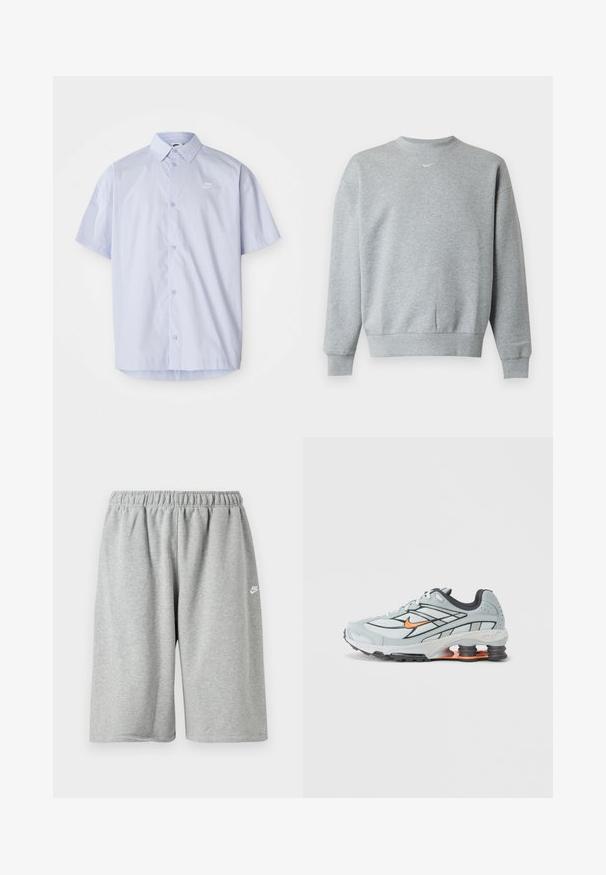 Lysegrå langærmet crewneck-sweatshirt med ribstrikkede manchetter og kant, med et lille hvidt Nike swoosh-logo midt på brystet.; Lyseblå kortærmet skjorte lavet af glat stof, med knaplukning og et lille hvidt Nike-logo på brystet.; Grå bomuldsshorts med elastik i taljen, med løs pasform og et lille hvidt logo nær kanten. Glat tekstur, længde over knæet.; Lyst grå løbesko med sorte detaljer, orange logo, mesh-overdel, polstret krave og gummisål med synlige stødabsorberende enheder.