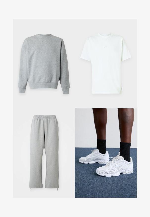 Svetlosivá mikina s dlhým rukávom a okrúhlym výstrihom, s rebrovanými lemami na rukávoch a spodku, so malým bielym logom Nike swoosh uprostred na hrudi.; Biele bavlnené tričko s okrúhlym výstrihom, krátkymi rukávmi a malým vyrazeným logom Nike na hrudi. Mäkká textúra a voľný strih.; Sivé tepláky s elastickým pásom, rovným strihom a šnúrkami na leme. Vyrobené z mäkkej, textúrovanej látky.; Biele športové topánky s priedušnou sieťovinou, textúrovanými akcentmi a polstrovanou podrážkou. Kombinované s čiernymi rebrovanými členkovými ponožkami na modrom kobercovom povrchu.