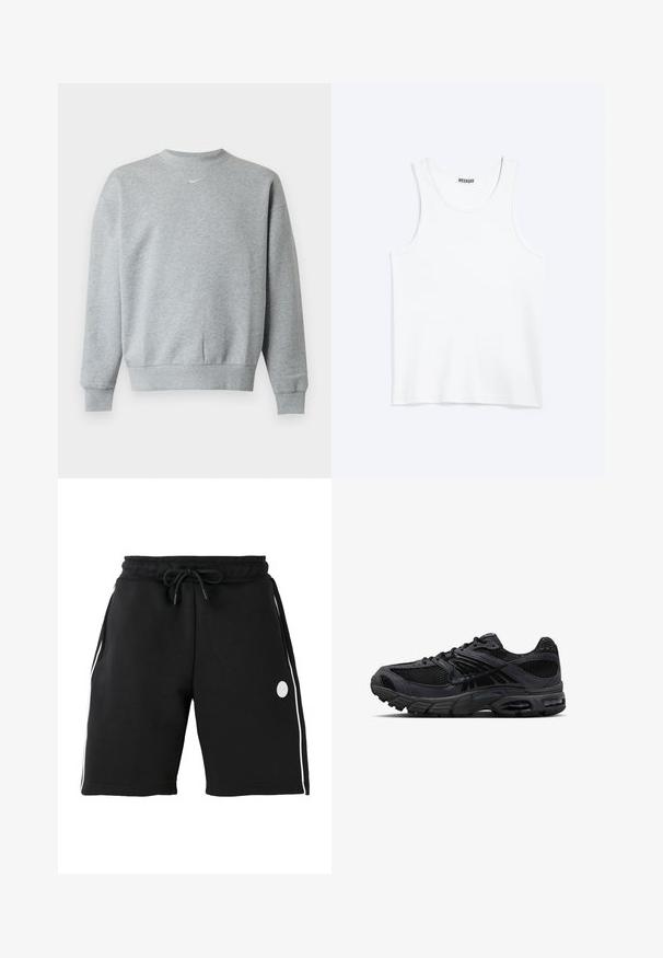 Lysegrå langærmet crewneck-sweatshirt med ribstrikkede manchetter og kant, med et lille hvidt Nike swoosh-logo midt på brystet.; Hvid ærmeløs tanktop med rund halsudskæring og Weekday-mærke på den indvendige baghals, vist fladt på lys baggrund.; Sorte knælange shorts med elastisk linning og snøre, hvide verticale sidestriber og lille rundt logo på venstre lår.; Sort og mørkegrå Nike løbesko med mesh-stof, ruskindsoverlejring, polstret sål og synlige luftenheder i hæl og forfod.