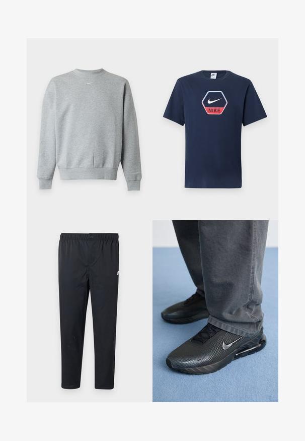 Svetlosivá mikina s dlhým rukávom a okrúhlym výstrihom, s rebrovanými lemami na rukávoch a spodku, so malým bielym logom Nike swoosh uprostred na hrudi.; Tmavomodré tričko Nike s krátkymi rukávmi, okrúhlym výstrihom a šestuholníkovým logom s bielym pásikom a červeným nápisom "NIKE" na prednej strane.; Čierne športové nohavice s elastickým pásom a zapínaním na gombík, s malým bielym logom Nike na ľavom hornom stehne.; Čierne atletické topánky Nike s textúrovaným zvrškom, perforovanými detailmi a viditeľnou vzduchovou tlmiacou jednotkou, skombinované so šedými nohavicami.