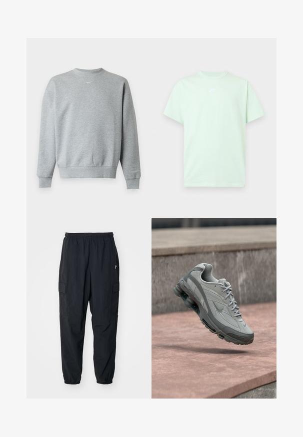 Svetlosivá mikina s dlhým rukávom a okrúhlym výstrihom, s rebrovanými lemami na rukávoch a spodku, so malým bielym logom Nike swoosh uprostred na hrudi.; Svetlozelené tričko s krátkym rukávom od Nike s okrúhlym výstrihom a malým bielym logom uprostred na hrudi na jednofarebnom pozadí.; Čierne cargo nohavice vyrobené z ľahkého materiálu, s elastickým pásom, bočnými vreckami a voľným strihom s elastickými manžetami.; Sivá a biela teniska Nike zavesená nad kamenným schodom s viditeľným vzduchovým odpružením a textúrovanou podrážkou.