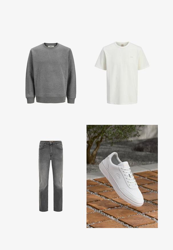 Grijze sweatshirt gemaakt van een katoenmix, met een ronde hals, ribgebreide manchetten en zoom. Subtiel reliëflogo op de voorkant. Klassieke pasvorm.; Witte katoenen T-shirt met een ronde hals, korte mouwen en een klein logo-detail in de bovenste linkerhoek. Regular fit ontwerp.; Grijze denim jeans met een rechte pasvorm, vijf zakken en een subtiele vervaagde afwerking. Voorzien van een knoop- en ritssluiting.; Witte Lacoste-sneaker met veters zwevend boven houten vierkante tegels en kleine grijze kiezelstenen, wazige achtergrond van een boom en een muur.