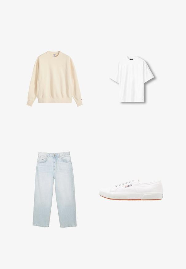Beige sweatshirt met lange mouwen en ronde hals, geribbelde manchetten en zoom, kleine logo-borduring op de borst, en een rood label op de linkermouwmanchet.; Effen wit oversized T-shirt met korte mouwen en een ronde hals, met een zwart label aan de binnenkant van de achterkant van de kraag, getoond op een lichte achtergrond.; Lichtblauwe hoge taille straight-leg jeans met een knoop aan de voorkant, zakken en een klein gemerkt metalen label op de rechter voorkzak.; Witte canvas sneakers met een rubberen zool, vetersluiting en een klein logolabel aan de zijkant. Gewreven wit bovenwerk en een bruine zool.
