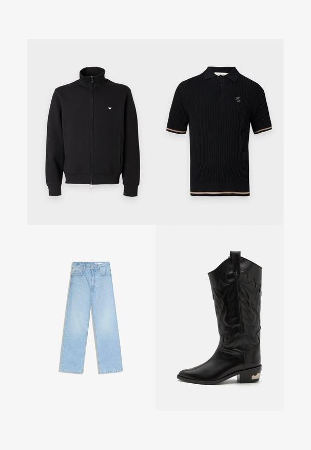 Zwarte zip-up trui met een hoge kraag, voorzien van twee voorzakken en een klein, goudkleurig embleem op de linkerborst. Zachte stoftextuur.; Zwart geribd poloshirt met korte mouwen en drie knopen, beige strepen op de manchetten en zoom, en een klein gouden "FP"-logo op de linkerborst.; Lichtblauwe jeans met hoge taille, wijde pijpen, steekzakken aan de voorkant, riemlussen en een knoopsluiting.; Zwarte leren cowboylaars met ingewikkelde geëmbosseerde ontwerpen, spitse neus en een lage gestapelde hak met metalen accenten.