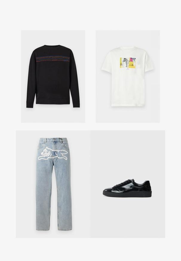 Sort crewneck sweatshirt med lange ærmer og fem vandrette syede striber i blå, orange og rød hen over brystet.; Hvid kortærmet T-shirt med et centralt motiv af en zebra på en gul og flerfarvet abstrakt baggrund, med lille tekst under designet.; Lyselavendel denim jeans med en lige pasform, der har et stort hvidt grafik af en kat på ryggen. Klassisk fem-lommers design.; Sorte laklæder sneakers med rund tå, snørredesign, tekstureret gummisål og en glat overflade.
