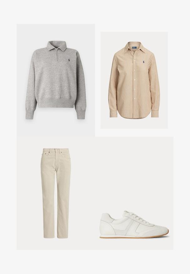 Pull léger gris clair à manches longues avec une fermeture éclair au quart, des poignets et un ourlet côtelés, et un petit logo sombre brodé sur la poitrine gauche.; Chemise à rayures boutonnée avec un motif kaki et blanc, manches longues, col pointu, et un petit logo sur la poitrine gauche. Tissu en coton.; Pantalon en velours côtelé beige droit avec passants de ceinture, bouton à l'avant, fermeture éclair et poches avant.; Baskets basses blanches avec laçage à l'avant, panneaux en daim et cuir, et une semelle en caoutchouc marron clair sur fond blanc.