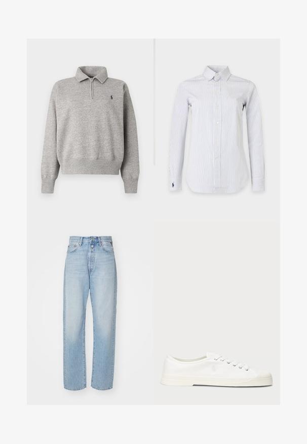 Hellgrauer Langarmpullover mit Viertel-Reißverschluss, gerippten Bündchen und Saum sowie einem kleinen dunklen Logo auf der linken Brust bestickt.; Weißes Langarm-Hemd mit dünnen vertikalen marineblauen Streifen, spitzem Kragen und gesticktem marineblauen Polospieler-Logo am linken Ärmel.; Helleblaue Straight-Leg-Jeans aus Denim, mit hoher Taille, Fünf-Taschen-Design und Knopfverschluss.; Weiße Leinensneaker mit runder Zehenpartie, Schnürverschluss und dezentem Logodetail. Verfügt über ein strukturiertes Gewebe und eine Gummisohle.