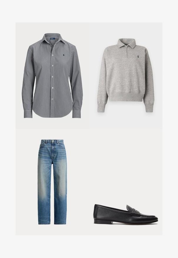 Pull léger gris clair à manches longues avec une fermeture éclair au quart, des poignets et un ourlet côtelés, et un petit logo sombre brodé sur la poitrine gauche.; Chemise à boutons rayée présentant des rayures verticales bleu marine et blanches, manches longues, col pointu et un petit logo sur la poitrine.; Jean taille haute à jambes droites bleu avec devant délavé et design classique à cinq poches, fermeture par bouton et zip.; Mocassin en cuir texturé noir avec petit talon et détail classique de bride à pièce, présenté de profil sur un fond clair uni.