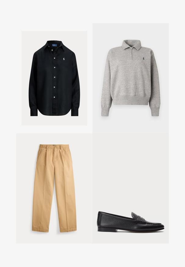 Lysegrå langærmet pullover med kvart lynlås, ribstrikkede manchetter og linning samt en lille mørk logo broderet på venstre bryst.; Sort skjorte med lange ærmer, knapper, krave, hvide knapper og lille hvid broderet Polo Ralph Lauren-logo på venstre bryst.; Beige bukser med lige ben, lukning med knap og lynlås, forlommer, bæltestropper og pressede folder ned langs benene.; Sorte læder loafers med struktureret finish, der har en dekorativ rem og flad hæl. Slank, minimalistisk design med rund tå.