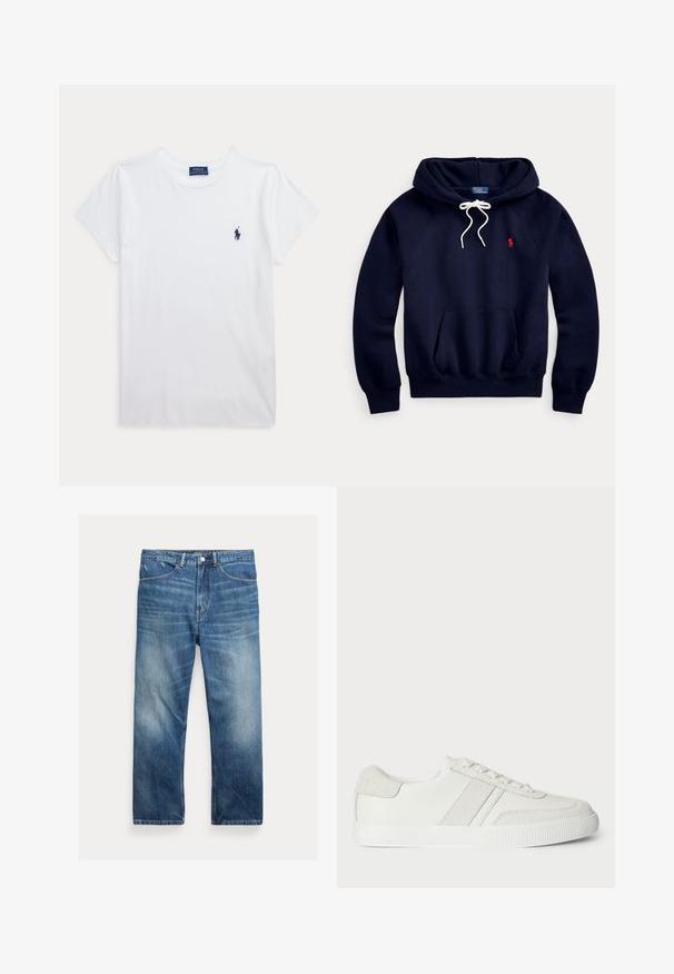 Marineblaue Kapuzenpullover mit weißen Kordeln, Fronttasche und kleinem rotem Logo auf der linken Brust.; Weißes T-Shirt mit kurzen Ärmeln und Rundhalsausschnitt mit kleinem dunkelblauem Polo Ralph Lauren Logo auf der linken Brust.; Blau gewaschene Denim-Jeans mit geradem Bein, Fronttaschen, Gürtelschlaufen und ausgewaschenen Details an Oberschenkeln und Knien.; Weiße Sneaker mit einem Obermaterial aus glattem Leder, Wildlederakzenten und flachen Schnürsenkeln. Verfügt über eine strukturierte Gummisohle und ein minimalistisches Design.