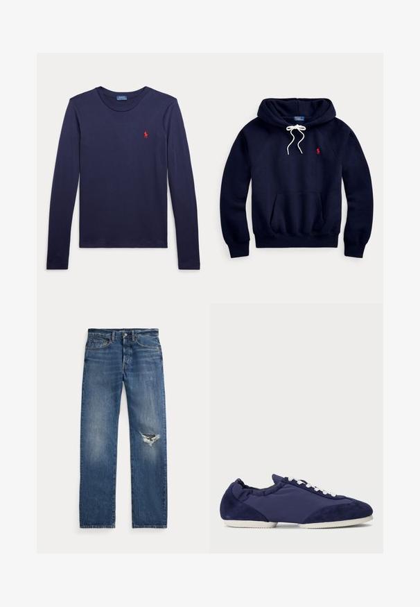 Navy blue hooded sweatshirt with white drawstrings, front pocket, and small red logo on the left chest.; Navy blue long-sleeve shirt with round neckline and small red Polo Ralph Lauren logo on the left chest.; Blue denim jeans with a mid-rise waist, five pockets, and a frayed rip on the right knee.; Navy blue casual sneaker with white laces and sole, featuring suede accents and a low-profile design.