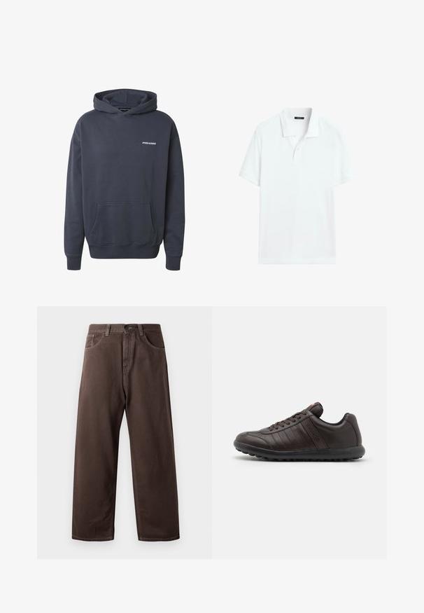 Mørkegrå hættetrøje med forreste kængurulomme og lille hvid "PEGADOR"-logo på venstre bryst.; Hvid polo-shirt med korte ærmer, krave og to-knappet åbning, vist på en ensartet baggrund.; Brune vidde bukser lavet af bomuld, med et klassisk fem-lommers design, lynlås i gylpen og synlige syningsdetaljer.; Brune lædersneaker med rund tå, snørebåndsdesign, subtile syninger og tekstureret gummisål for godt greb.