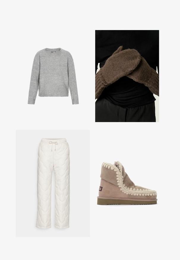 Grå strikket sweater med rund hals, lange ærmer og afslappet pasform. Med et tekstureret, blødt stof samt ribbede ærmekanter og kant.; Nike Sportswear ESSENTIAL PANT - Træningsbukser - orewood/sail; Brune ruskind ankelstøvle med en tekstureret cremefarvet flettet kant langs åbningen og en gummisål. Blød foring synlig foroven.; Brune strikkede vanter med ribbet tekstur og tyk stof, der har en afrundet form og synlige sømme ved håndleddet.