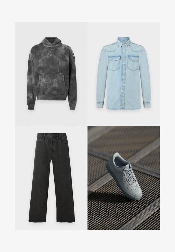 Pullover hoodie in donkergrijs met een gestructureerd patroon. Bevat een voorzak, een verstelbare capuchon en contrasterende stiksels.; Lichtblauw denim overhemd met lange mouwen, knoopsluiting aan de voorkant, twee borstzakken met klep en een klassieke kraag.; Zwarte hoge taille spijkerbroek met rechte pijpen, voorzien van een knoop- en ritssluiting, en vijf zakken op een witte achtergrond.; Grijze leren sneaker met geperforeerde neus, platte veters, gevoerde kraag en gestructureerde rubberen zool. Heeft een subtiele merkdetails.